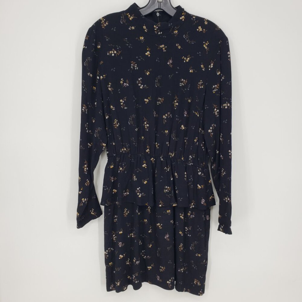 3/$25 H&M Floral Print‎ Peplum Ruffle Mini Dress 10 Long Sleeves Mock Neck Black